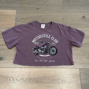 DIRTEE LAUNDRY Acid Wash Purple Motorcycle‎ Cropped Short Sleeve T-Shirt Size XL